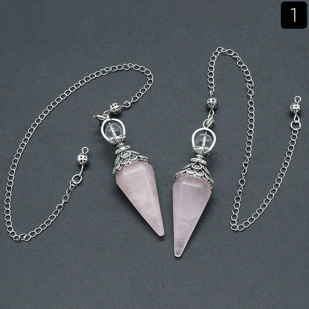 Pendule Cône Hexagonal en Pierre Naturelle Facettée – Quartz Rose, Améthyste, Œil de Tigre… 8 Pierres