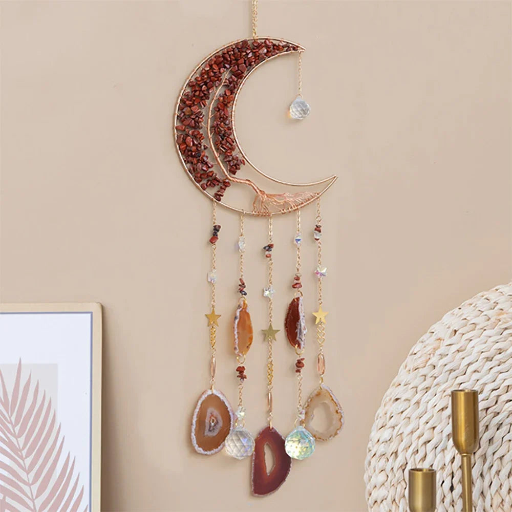 Attrape-Rêves en Pierres Naturelles et Tranches d'Agate – Lune ou Arbre de Vie, 29 Modèles, Décoration Murale