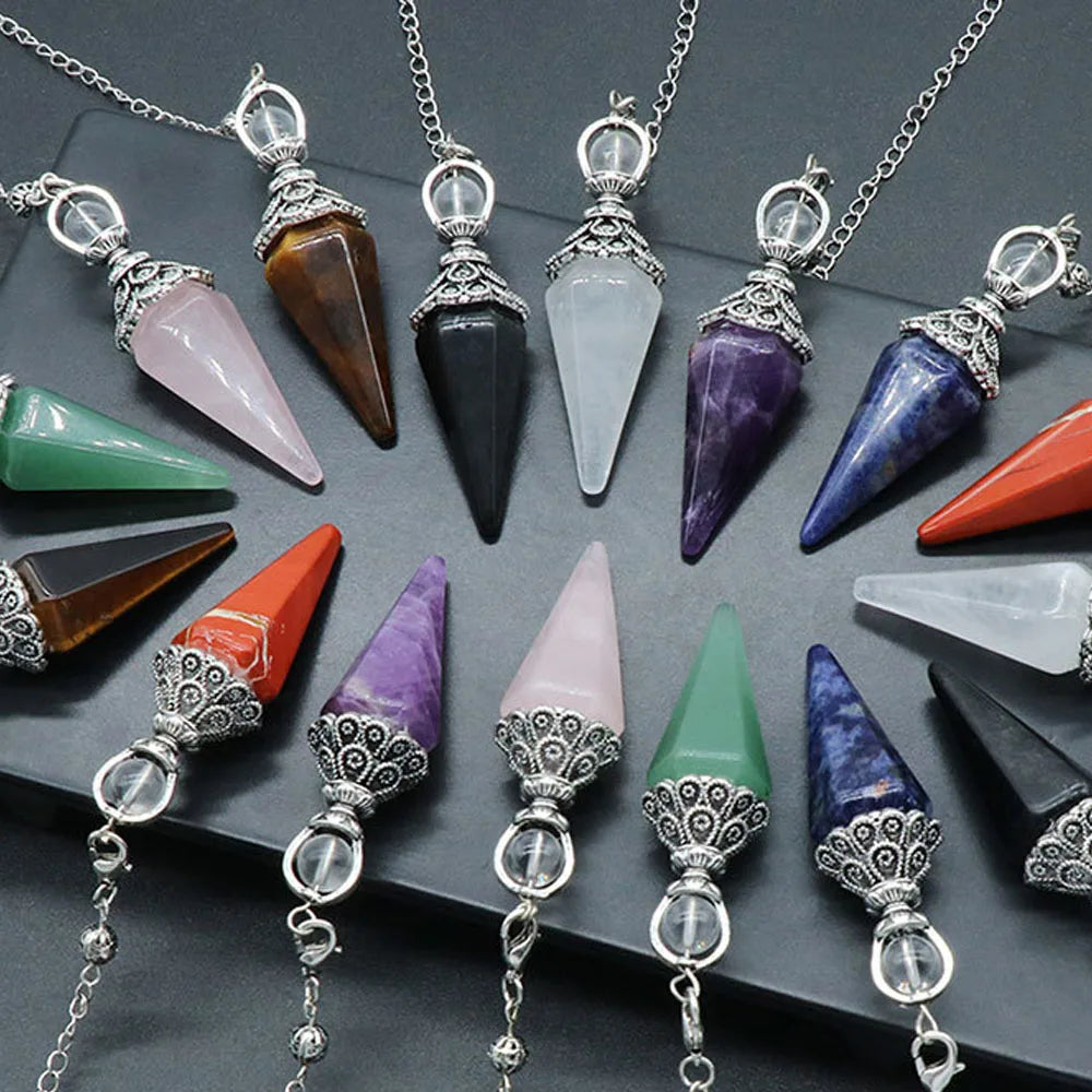 Pendule Cône Hexagonal en Pierre Naturelle Facettée – Quartz Rose, Améthyste, Œil de Tigre… 8 Pierres