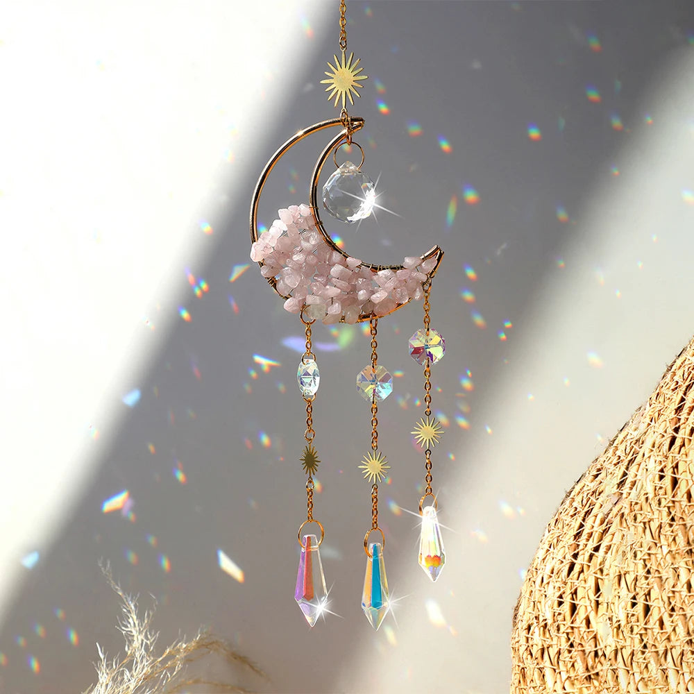 Attrape-Soleil Lune en Cristal – Suspension Arc-en-Ciel avec Éclats de Pierres et Prismes, 17 Modèles