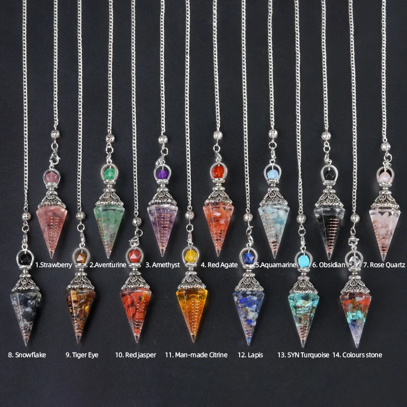 Pendule Cône en Orgonite aux Éclats de Pierres Naturelles – Monture Argent Vieilli, 10 Modèles