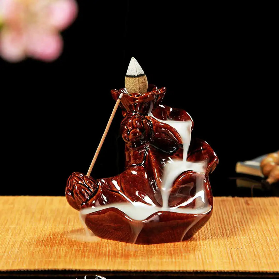 Brûleur d'Encens à Reflux Main de Bouddha et Lotus – Céramique Noire, Petit Modèle