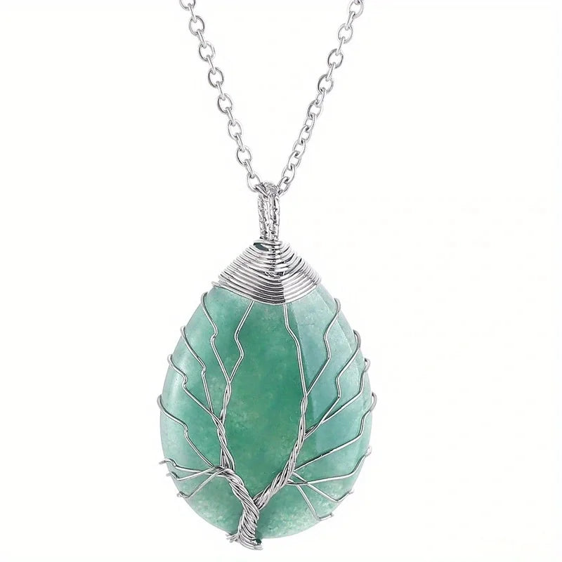 Pendentif Arbre de Vie en Pierre Naturelle au Choix – Fil Doré ou Argenté, avec Chaîne