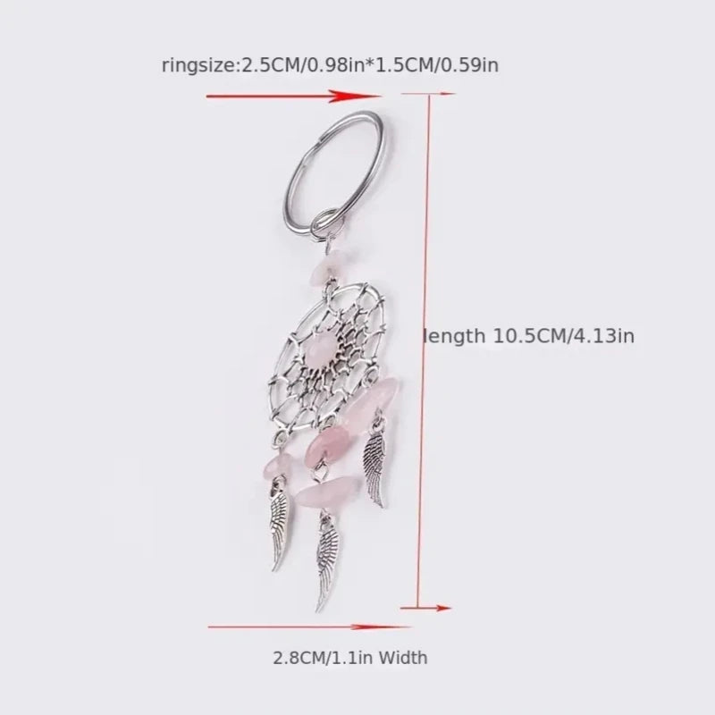 Porte-Clés Attrape-Rêves avec Éclats de Pierres et Plumes – Améthyste, Quartz Rose ou Aventurine