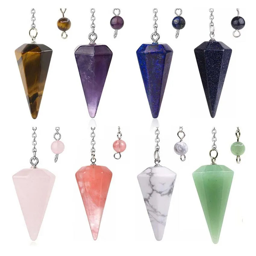 Pendule Pyramide Hexagonale en Pierre Naturelle – 18 Pierres : Améthyste, Labradorite, 7 Chakras…