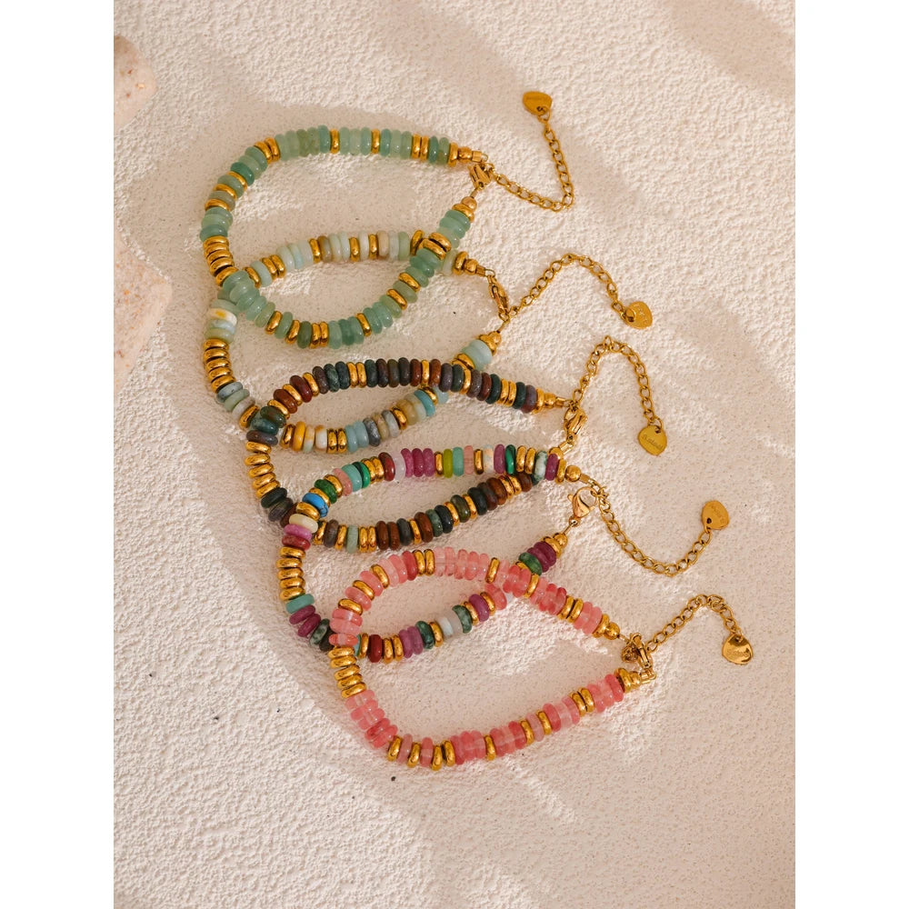 Bracelet Perles Heishi en Pierre Naturelle et Acier Doré – Œil de Tigre, Amazonite, 8 Pierres