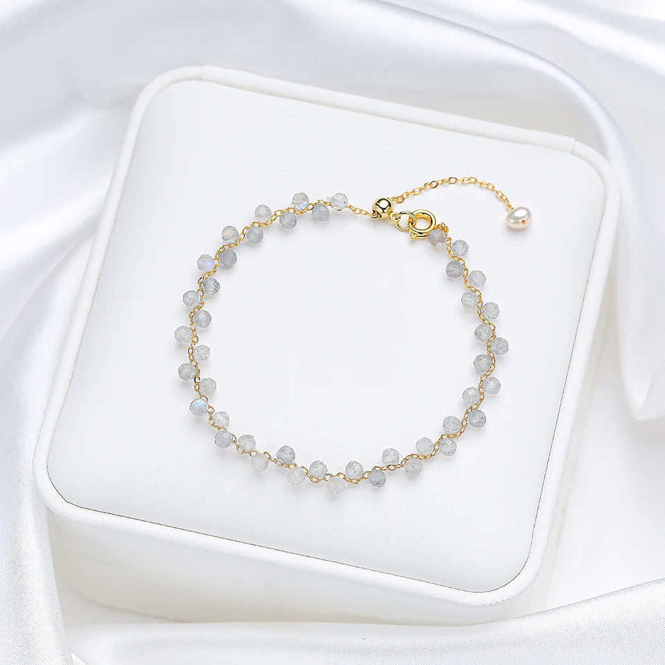 Bracelet Chaîne Dorée Perles Facettées 3 mm – Pierre Naturelle au Choix et Perle d'Eau Douce