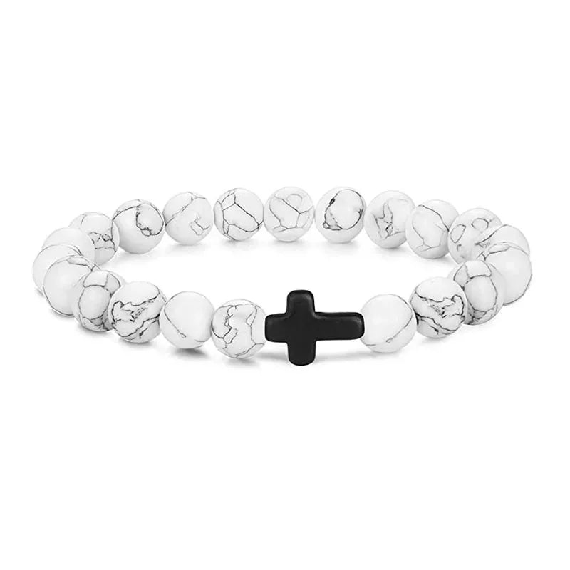 Bracelet Croix en Pierre Naturelle 8 mm – Œil de Tigre, Onyx, Howlite ou Pierre de Lave