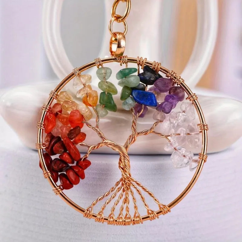 Porte-Clés Arbre de Vie en Éclats de Pierres Naturelles – Doré ou Argenté, Bijou de Sac