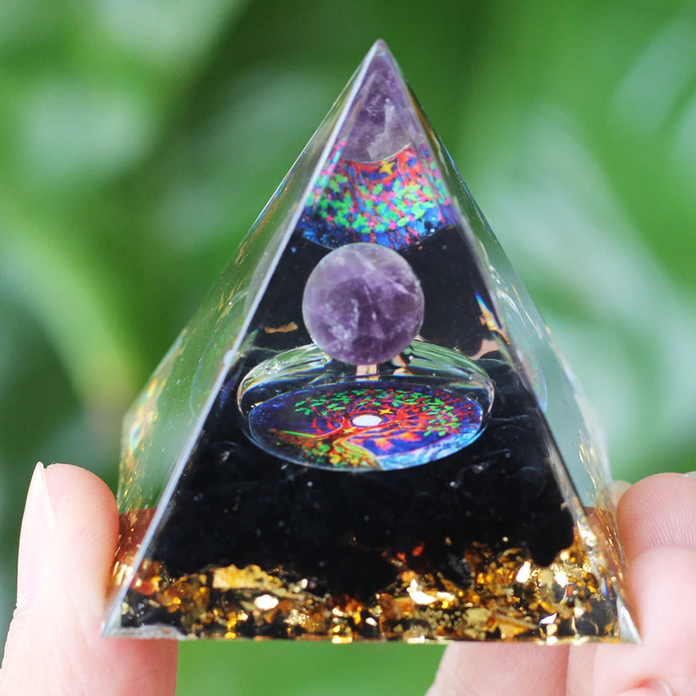 Pyramide d'Orgonite à Sphère de Pierre – 35 Modèles : Fleur de Vie, Lotus, Arbre de Vie, 7 Chakras