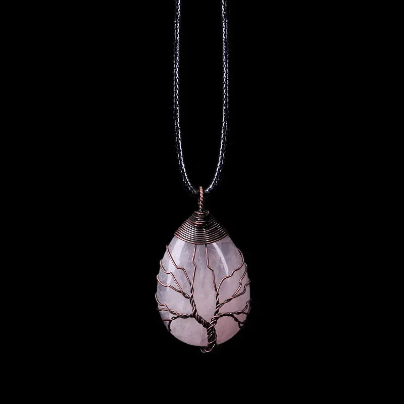 Pendentif Arbre de Vie en Pierre Naturelle au Choix – Fil Doré ou Argenté, avec Chaîne