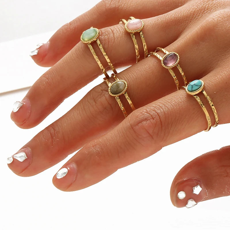 Bague Pierre Naturelle Ajustable – Acier Inoxydable, Style Vintage, 5 Pierres au Choix