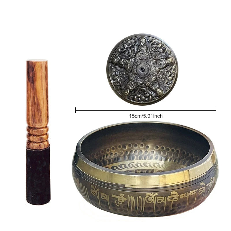 Bol Chantant Tibétain Gravé de Mantras – Fabriqué à la Main au Népal, de 8 à 20 cm, avec Maillet
