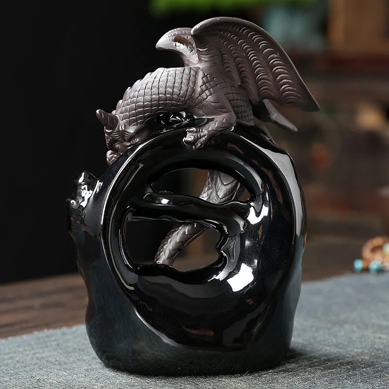 Brûleur d'Encens à Reflux Dragon en Céramique – Cascade de Fumée, Pièce de Décoration