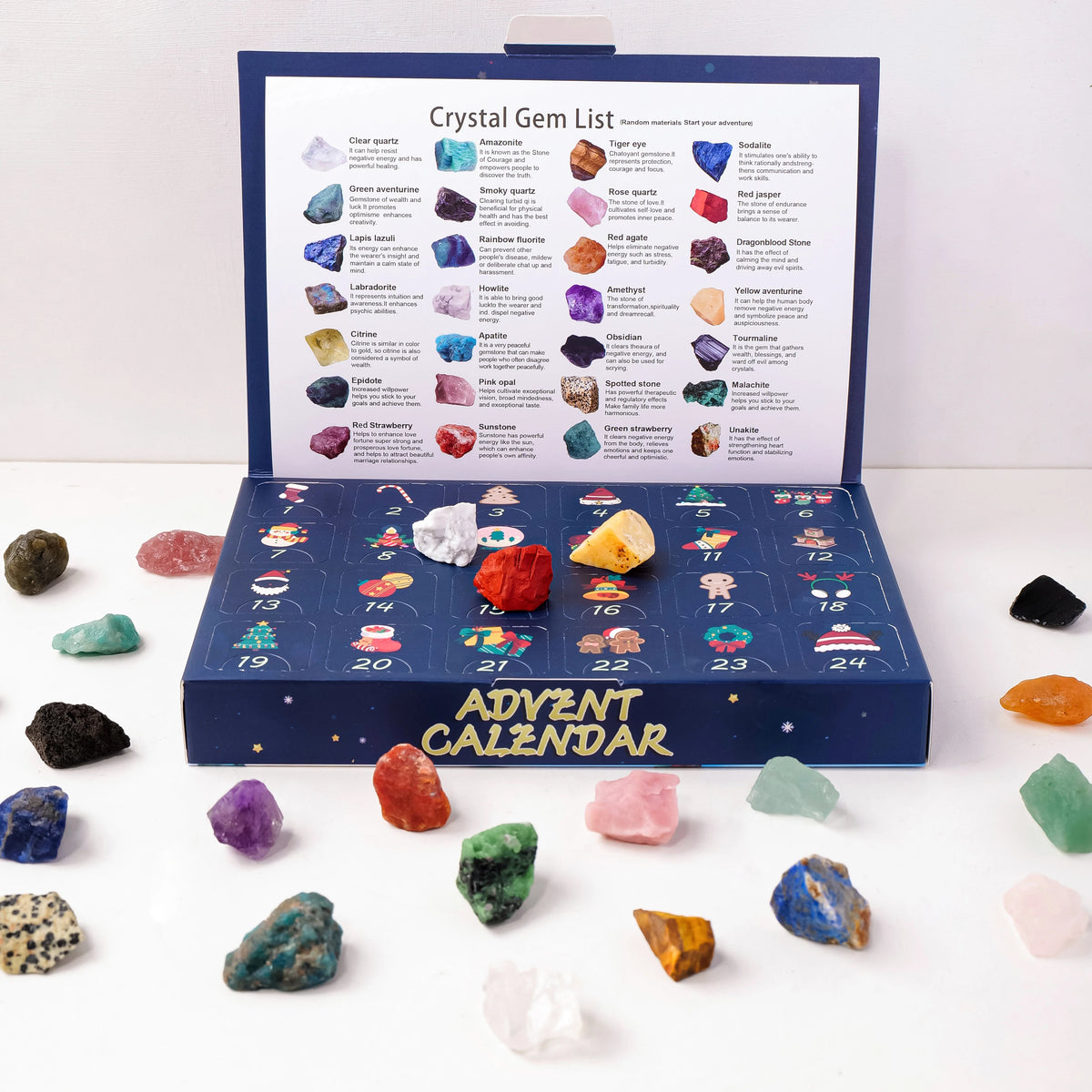 Calendrier de l'Avent Pierres Naturelles – 24 Cristaux à Découvrir, Pierres Roulées ou Brutes, Coffret Minéraux avec Carte des Pierres, Lithothérapie, Idée Cadeau Noël