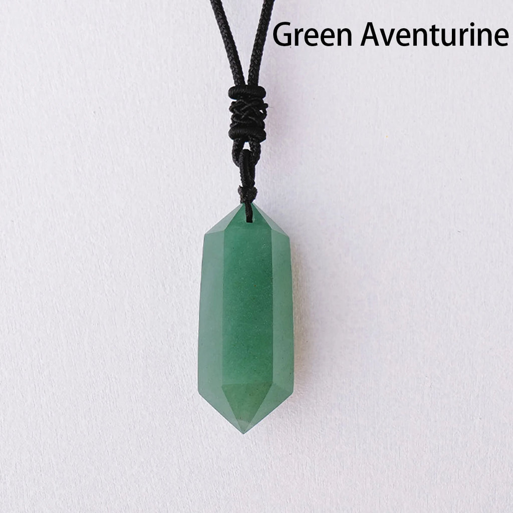 Collier Pendentif Double Pointe en Cristal Naturel – Quartz, Améthyste, Labradorite…, Cordon Réglable