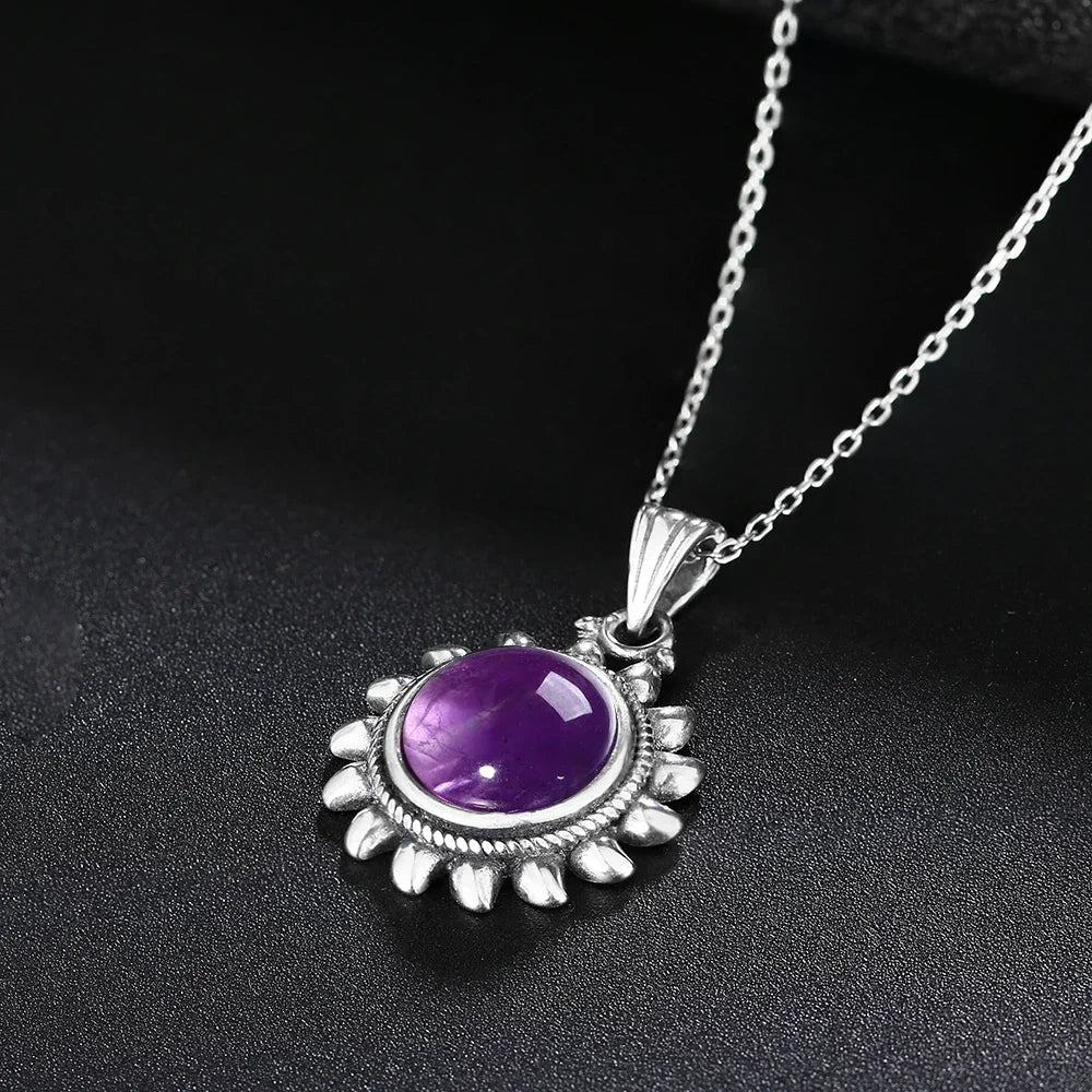 Collier Soleil Argent 925 – Lapis-Lazuli, Améthyste, Pierre de Lune ou Quartz Rose, Style Vintage