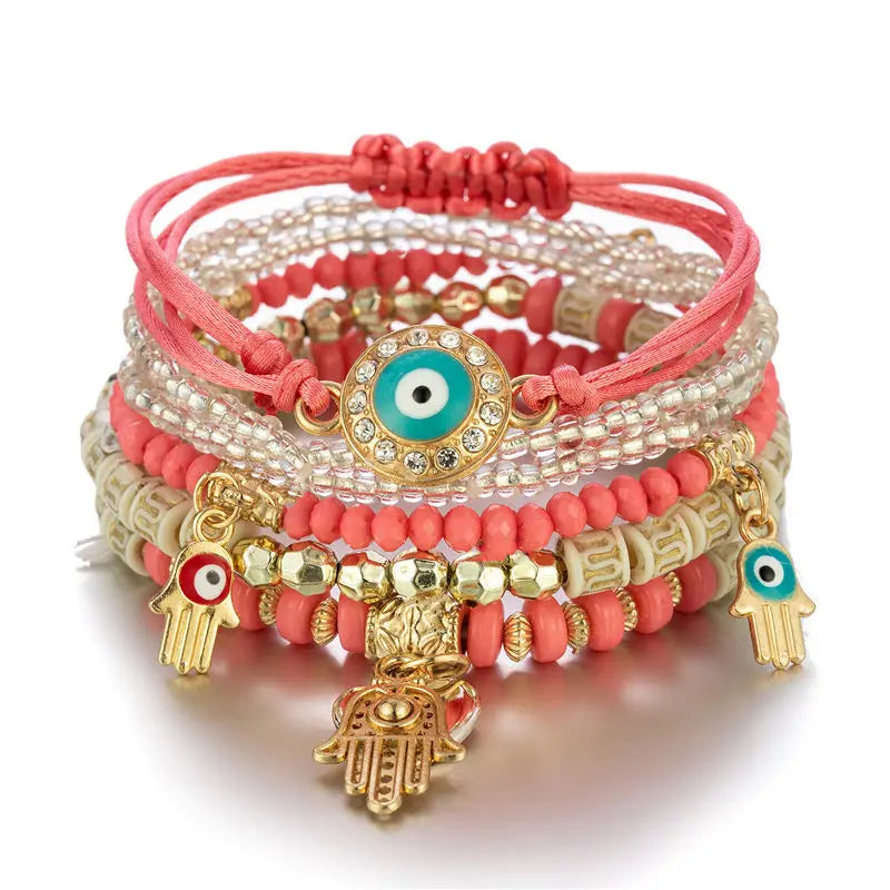 Lot de 6 Bracelets Bohème Œil Turc et Main de Fatma – Perles, Cordons et Breloques, 8 Coloris