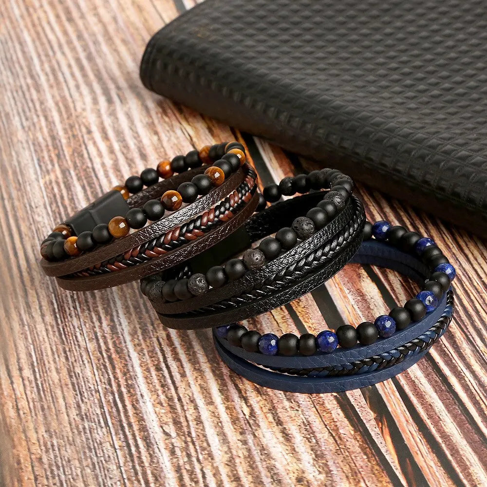 Bracelet Homme Cuir Multirangs et Perles d'Œil de Tigre – Fermoir Magnétique, 20 cm