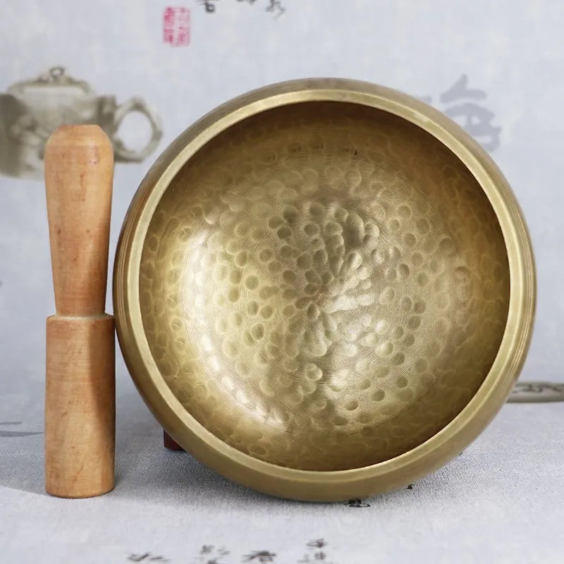 Bol Chantant Tibétain Fait Main au Népal – Laiton Gravé Sanskrit, 8 à 13 cm, avec Maillet