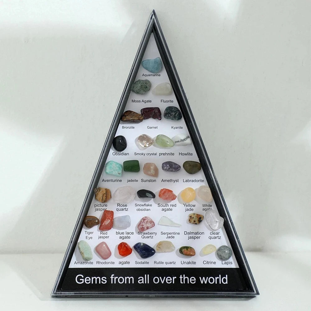 Cadre Pyramide de Collection – 36 Pierres et Minéraux du Monde Entier Étiquetés, 15 cm