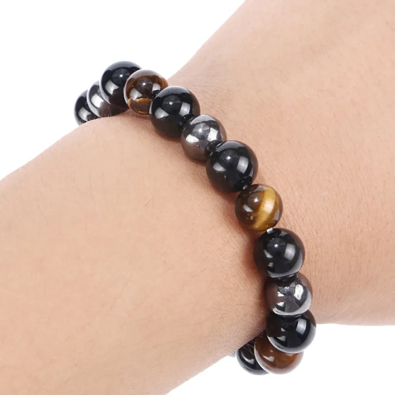 Bracelet Triple Protection Œil de Tigre, Obsidienne et Hématite – Perles 8, 10 ou 12 mm