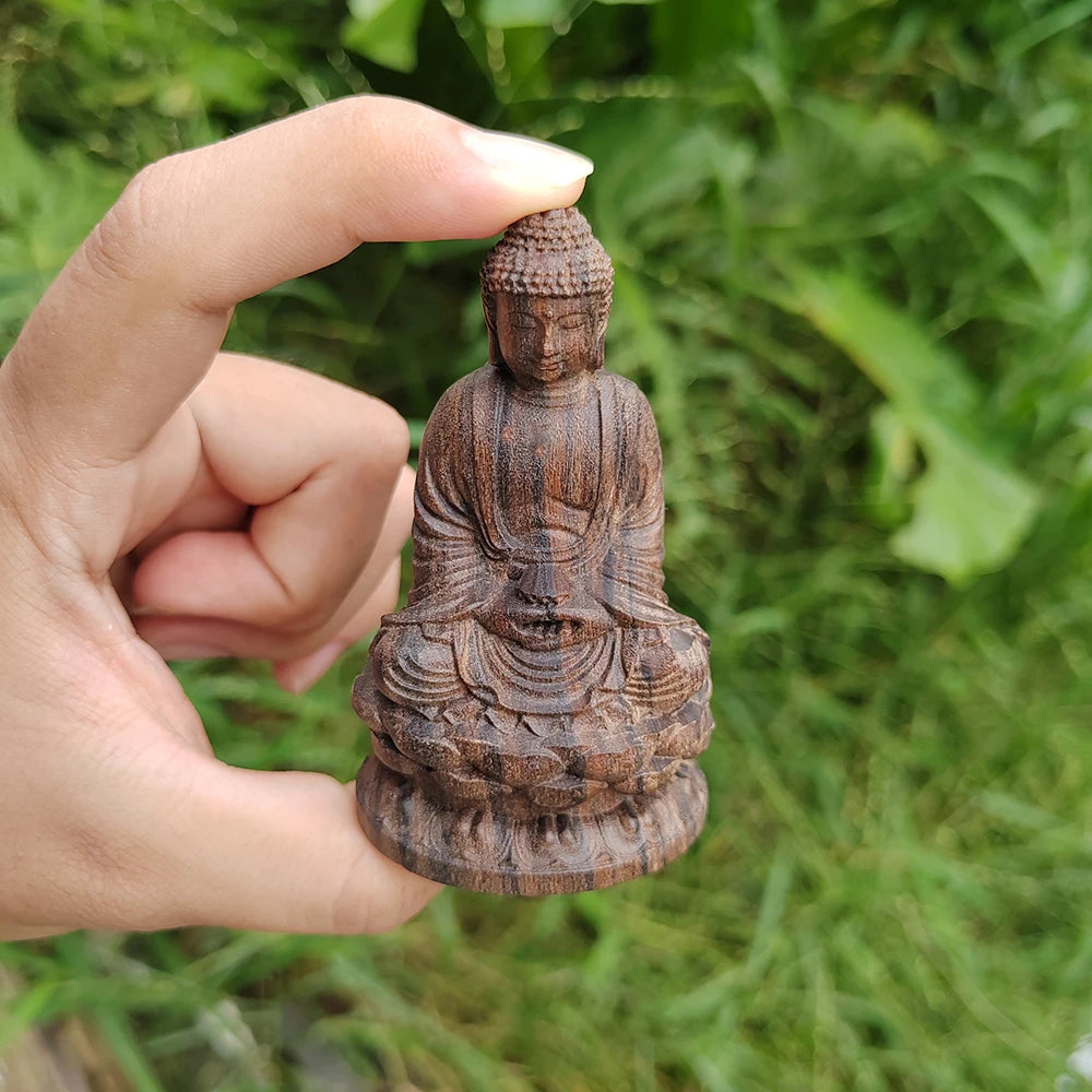 Statue Bouddha en Bois Sculpté – Bouddha Assis sur Lotus, Petite Figurine Zen 8 cm