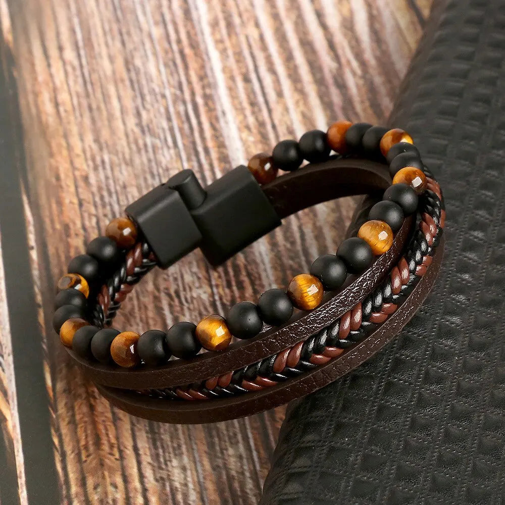 Bracelet Homme Cuir Multirangs et Perles d'Œil de Tigre – Fermoir Magnétique, 20 cm