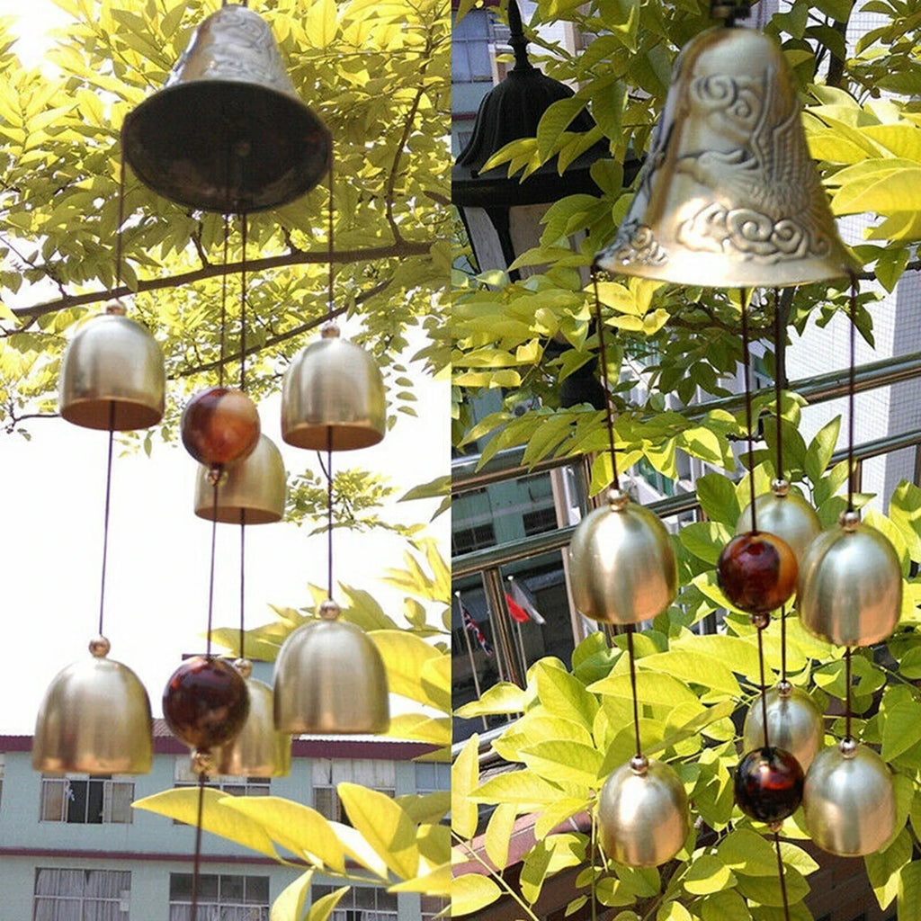 Carillon à Vent 6 Cloches en Cuivre – Pièces Porte-Bonheur et Gravures, Déco de Jardin