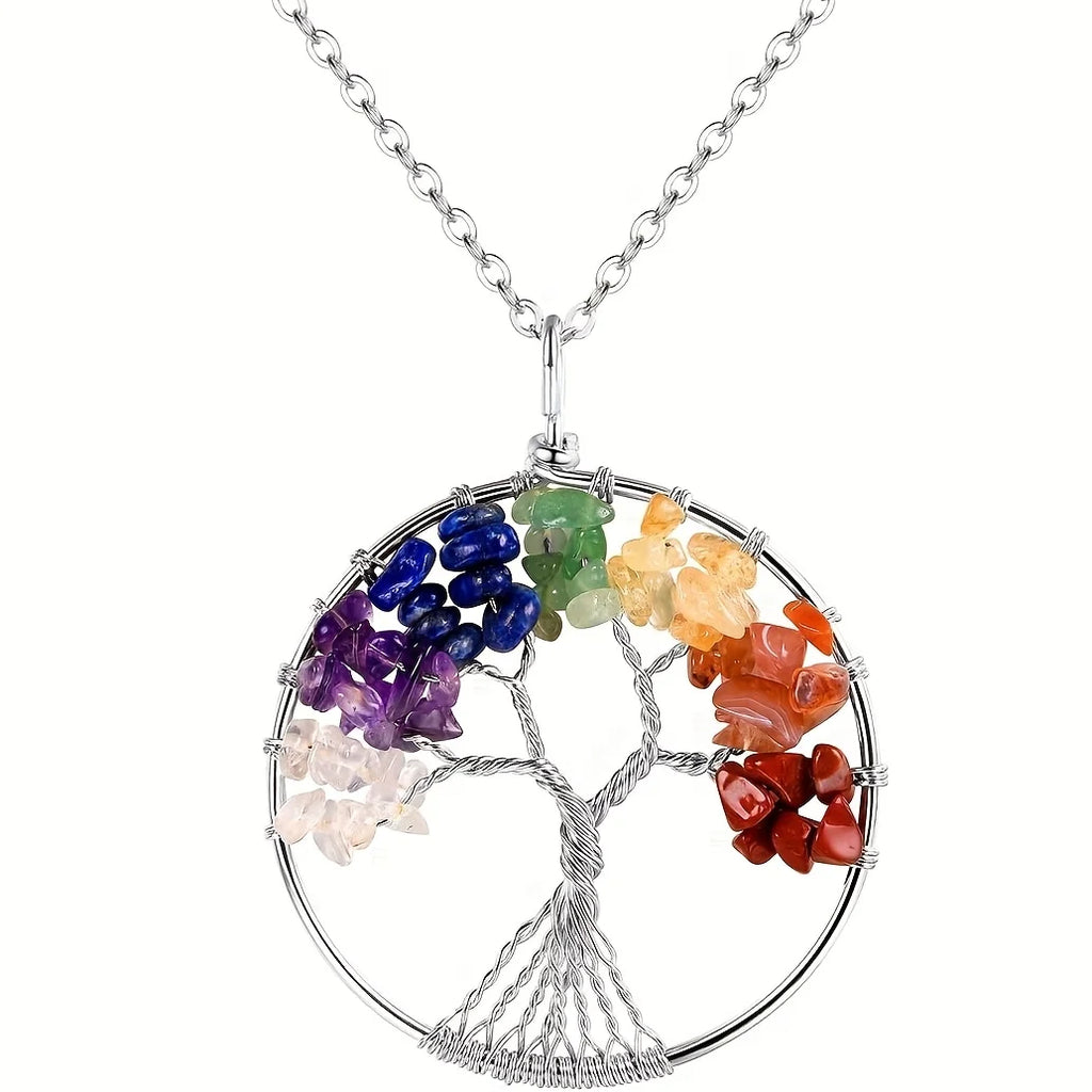 Collier Arbre de Vie 7 Chakras – Pendentif en Pierres Naturelles Serties au Fil, avec Chaîne