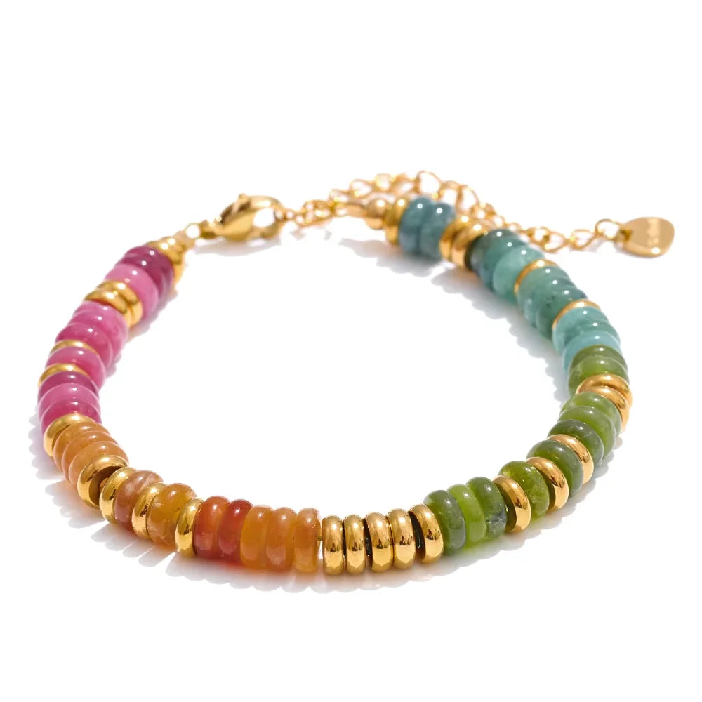 Bracelet Perles Heishi en Pierre Naturelle et Acier Doré – Œil de Tigre, Amazonite, 8 Pierres