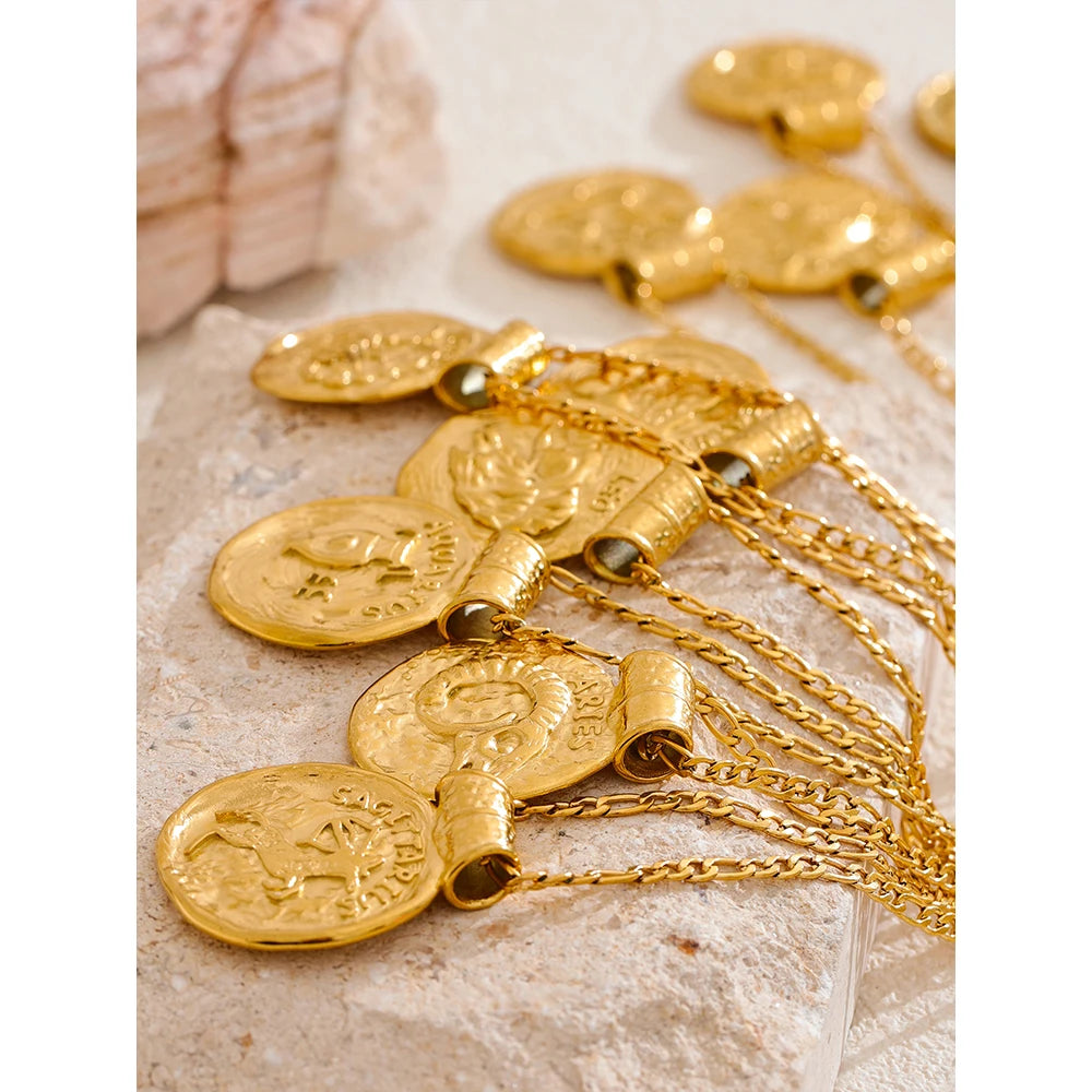 Collier Médaille Signe du Zodiaque Dorée Femme et Homme – Pendentif Rond Martelé Style Pièce Antique, Acier Inoxydable, 12 Signes Astrologiques, Idée Cadeau