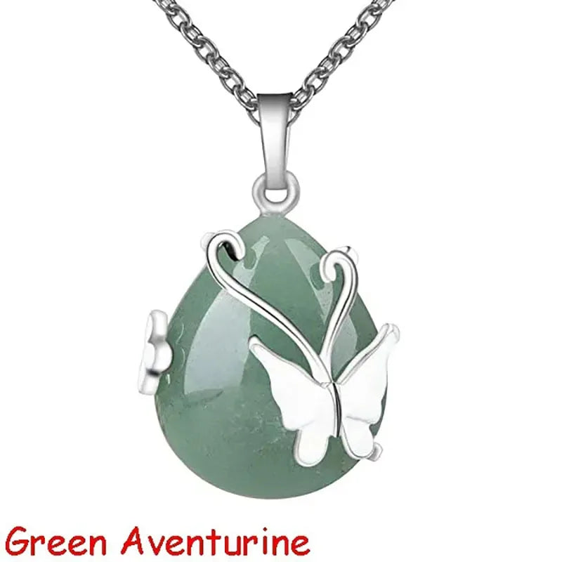 Collier Pendentif Goutte de Pierre et Papillon – Améthyste, Quartz Rose, Œil de Tigre ou Aventurine