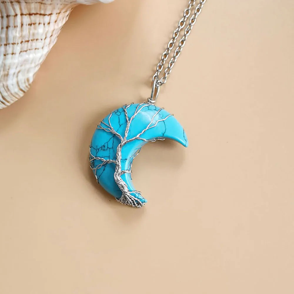 Pendentif Lune et Arbre de Vie en Pierre Naturelle – Collier Serti au Fil, 6 Pierres au Choix