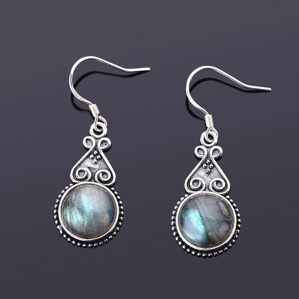 Boucles d'Oreilles Pendantes Vintage Pierre Ronde 10 mm – Labradorite, Lapis, Œil de Tigre, Rhodochrosite