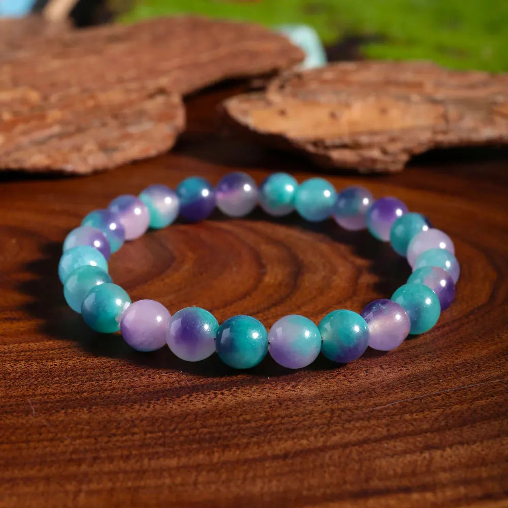 Bracelet Fluorite Arc-en-Ciel – Perles Violettes et Vertes, Élastique, Homme et Femme