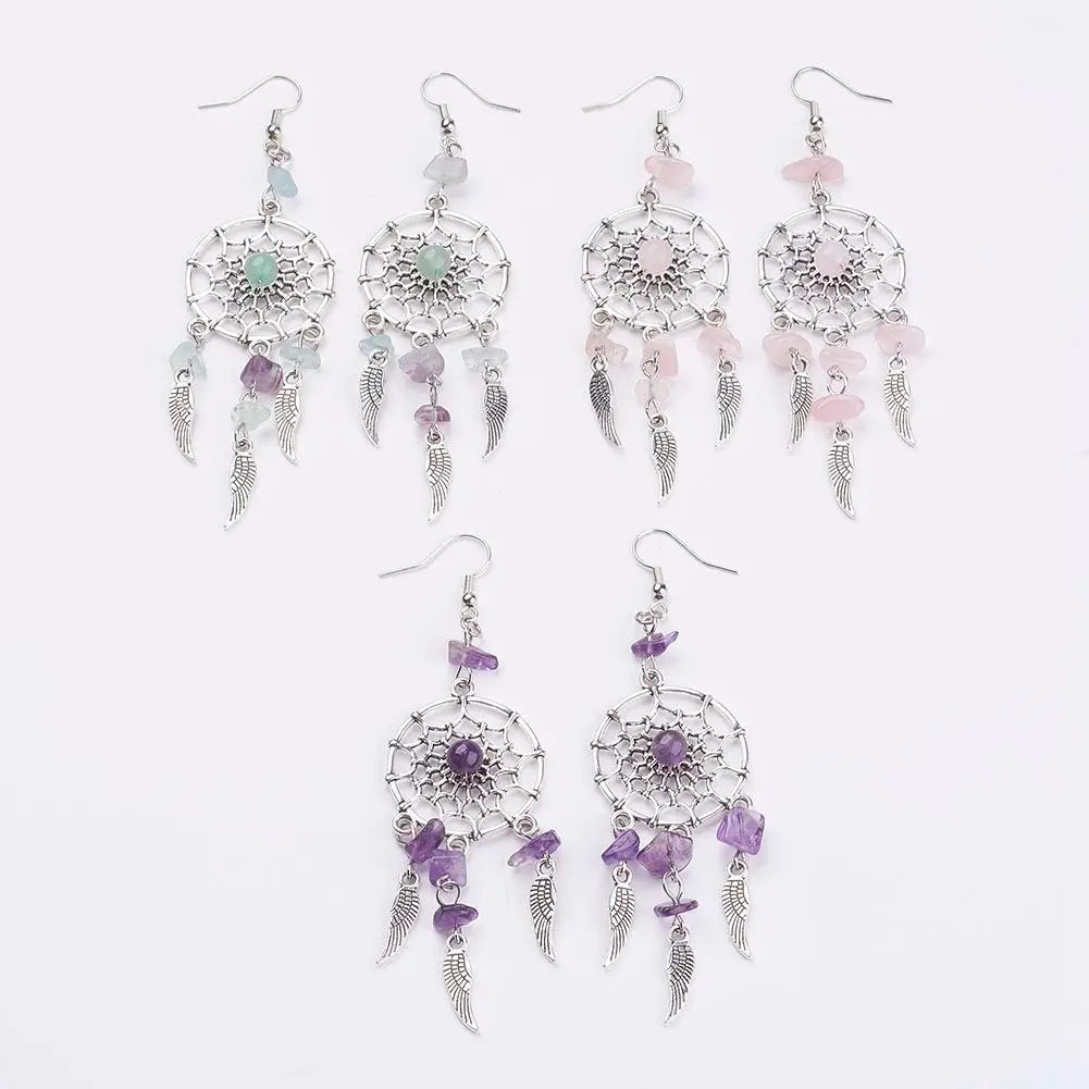 Porte-Clés Attrape-Rêves avec Éclats de Pierres et Plumes – Améthyste, Quartz Rose ou Aventurine