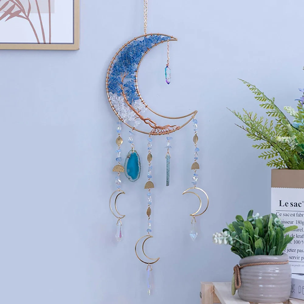 Attrape-Rêves en Pierres Naturelles et Tranches d'Agate – Lune ou Arbre de Vie, 29 Modèles, Décoration Murale