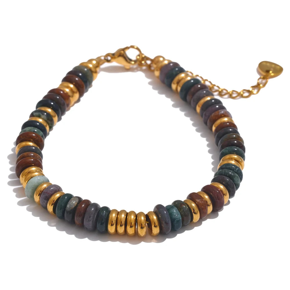 Bracelet Perles Heishi en Pierre Naturelle et Acier Doré – Œil de Tigre, Amazonite, 8 Pierres