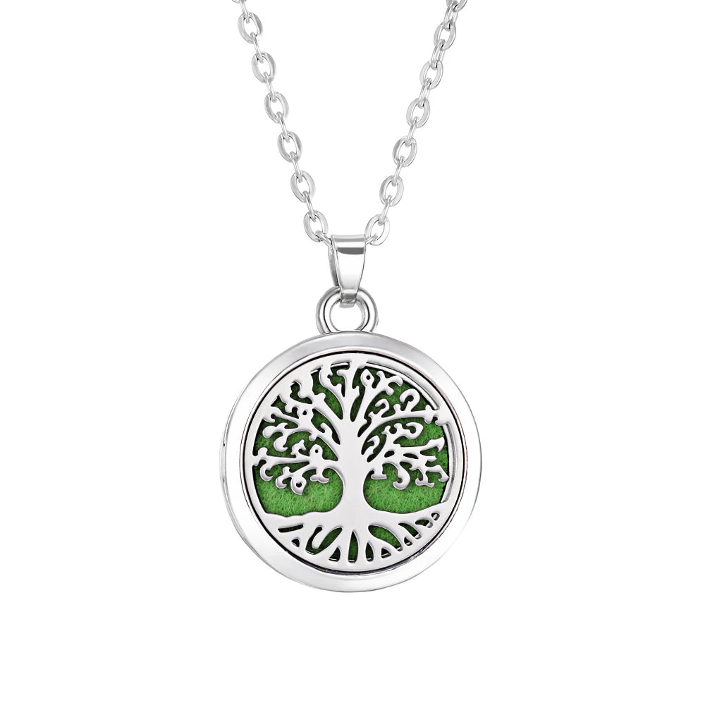 Collier Diffuseur d'Huiles Essentielles en Acier – Médaillon Arbre de Vie, Lotus, Fleur de Vie, 15 Motifs