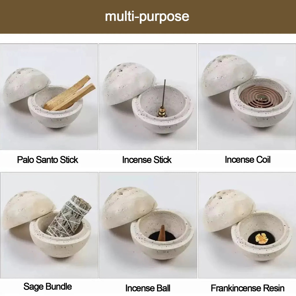 Brûle-Encens Sphère en Travertin – Boule à Couvercle Ajouré pour Résines, Palo Santo et Encens