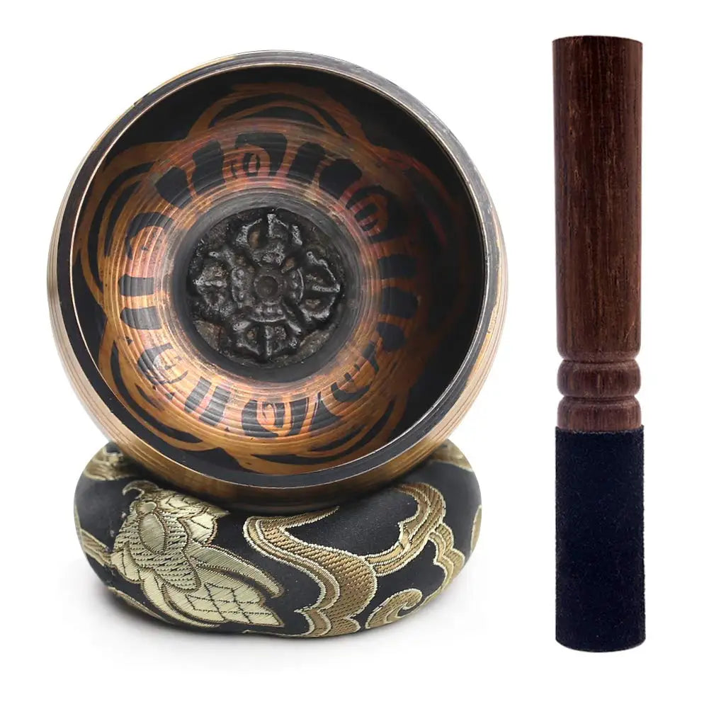 Bol Chantant Tibétain Gravé Lotus 8 cm – Coffret avec Coussin et Maillet