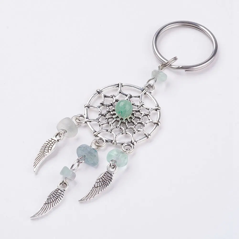 Porte-Clés Attrape-Rêves avec Éclats de Pierres et Plumes – Améthyste, Quartz Rose ou Aventurine