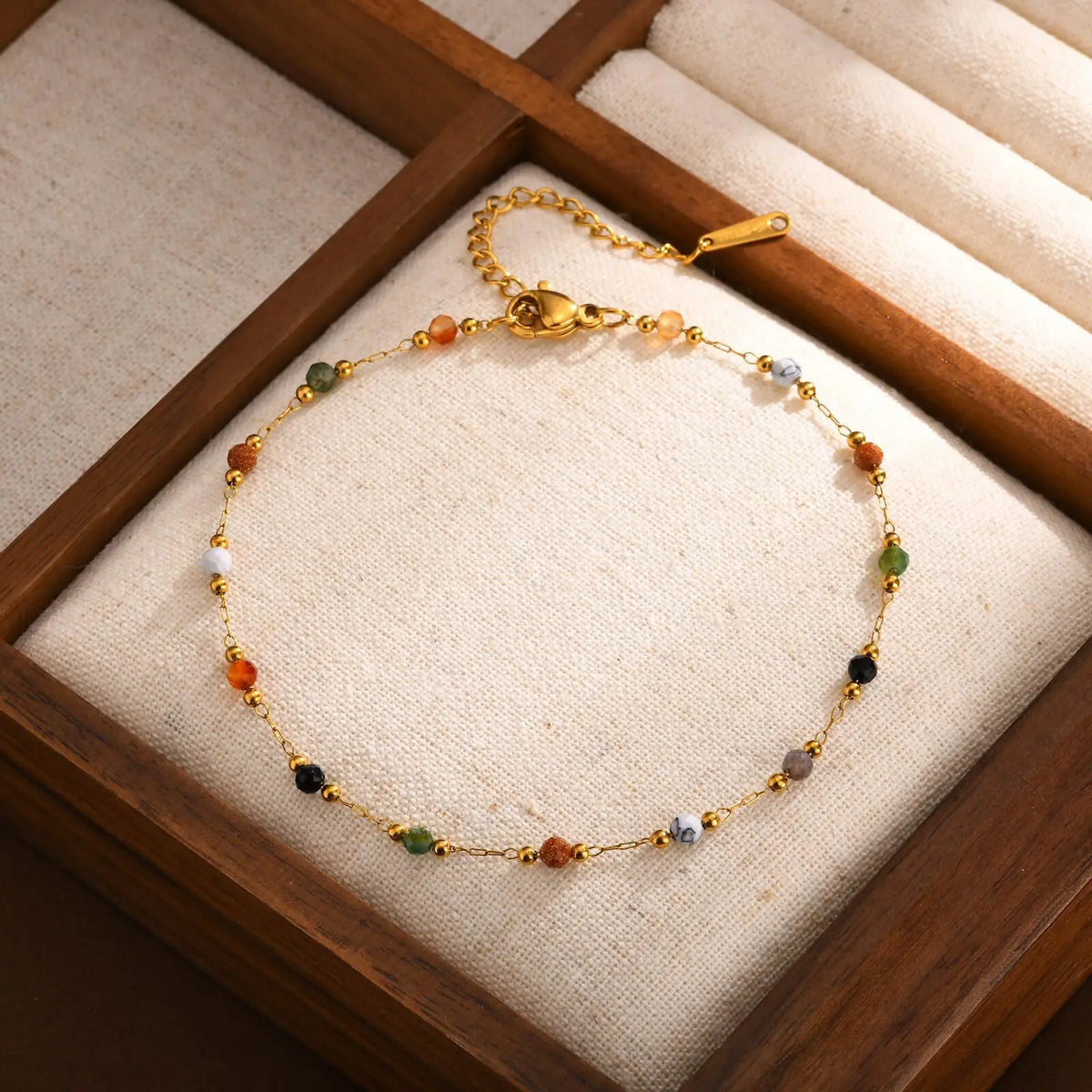Chaîne Fine Perles de Pierres Naturelles – Collier, Bracelet ou Chevillère, Acier Doré 18 Carats