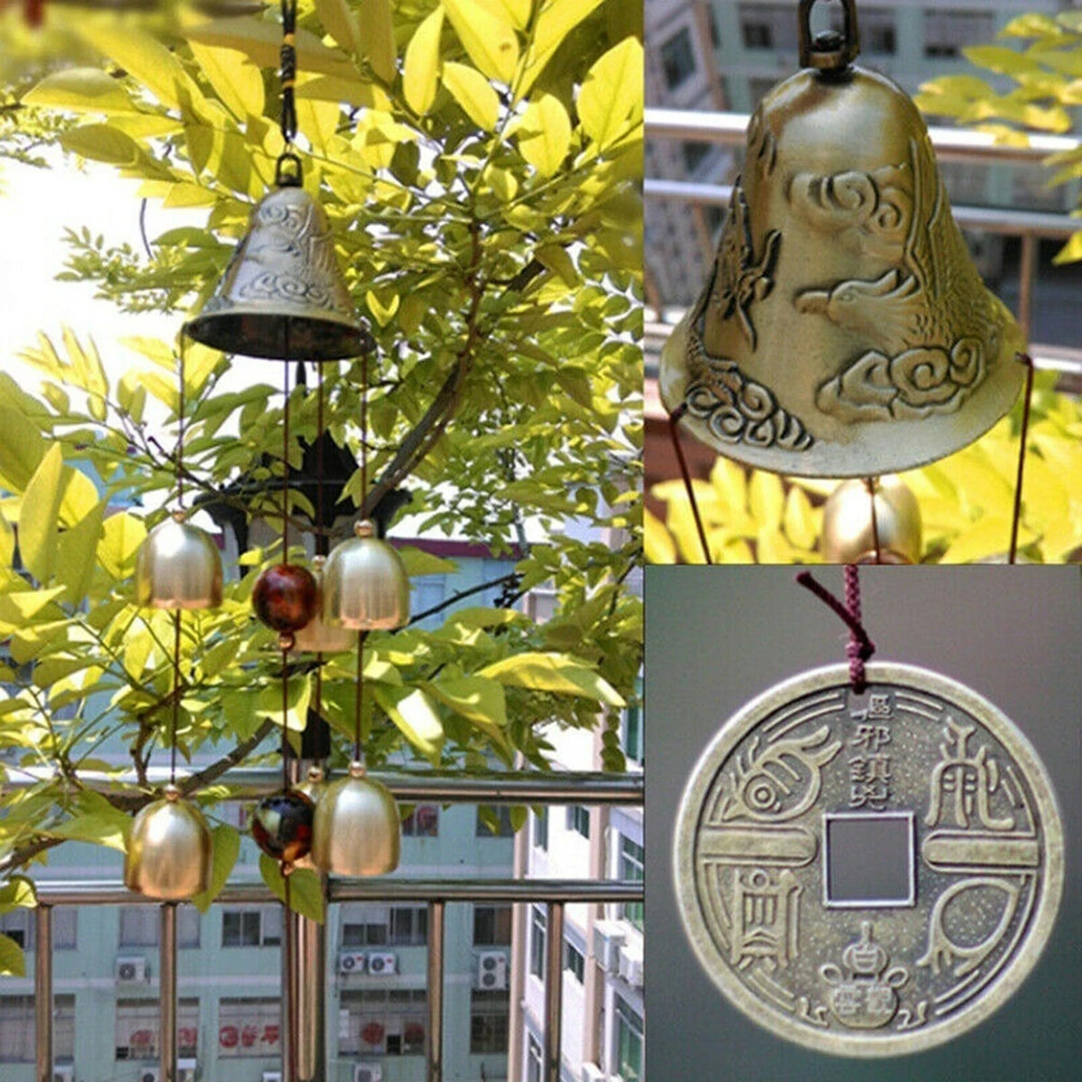 Carillon à Vent 6 Cloches en Cuivre – Pièces Porte-Bonheur et Gravures, Déco de Jardin