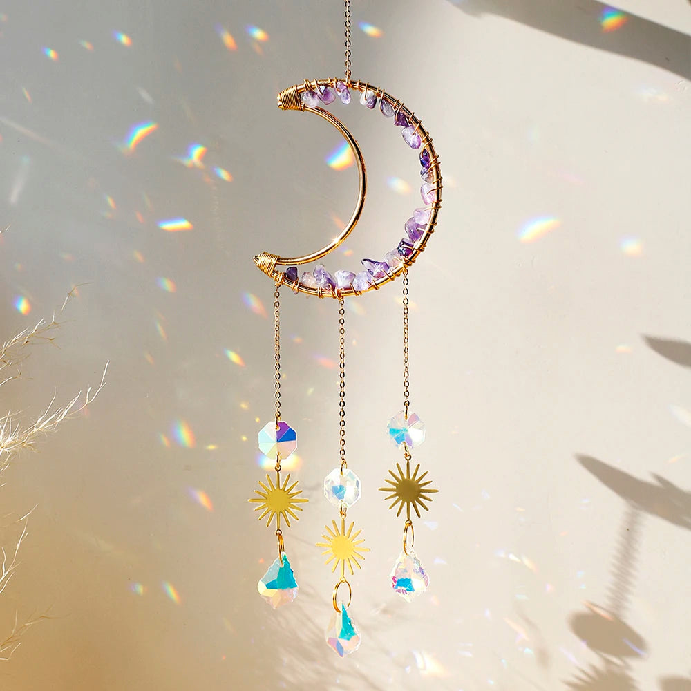 Attrape-Soleil Lune en Cristal – Suspension Arc-en-Ciel avec Éclats de Pierres et Prismes, 17 Modèles