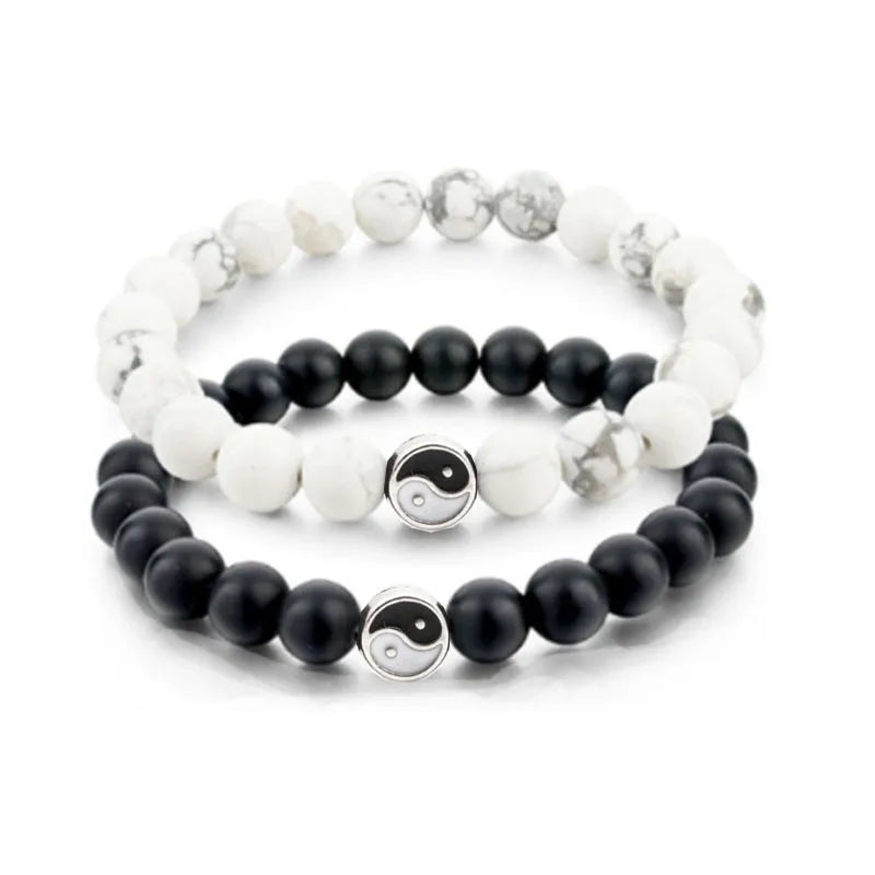 Bracelet Yin Yang Onyx Mat et Howlite – À l'Unité ou en Duo pour Couple, 17 à 21 cm