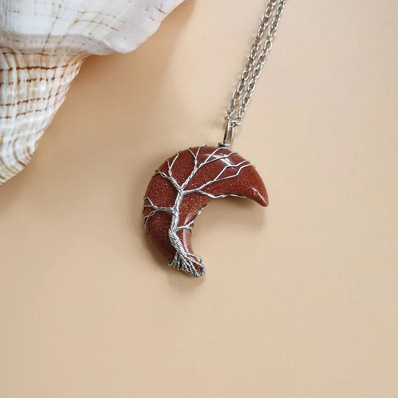 Pendentif Lune et Arbre de Vie en Pierre Naturelle – Collier Serti au Fil, 6 Pierres au Choix