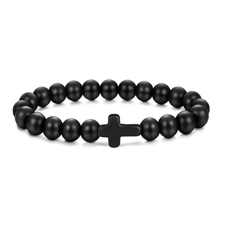 Bracelet Croix en Pierre Naturelle 8 mm – Œil de Tigre, Onyx, Howlite ou Pierre de Lave