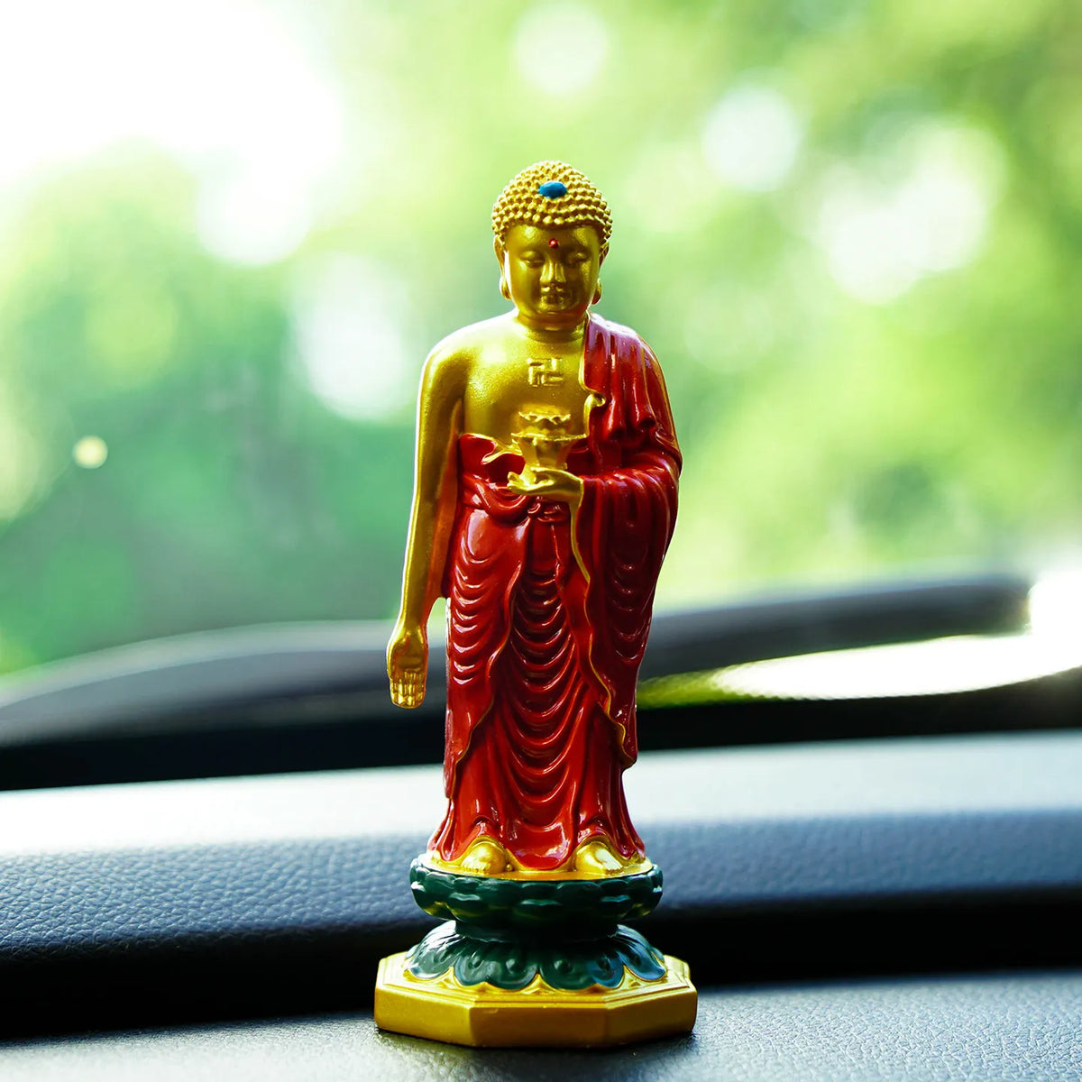 Statue Bouddha Amitabha Debout en Résine – 13 cm, Doré ou Robe Rouge, Décoration Zen ou Voiture